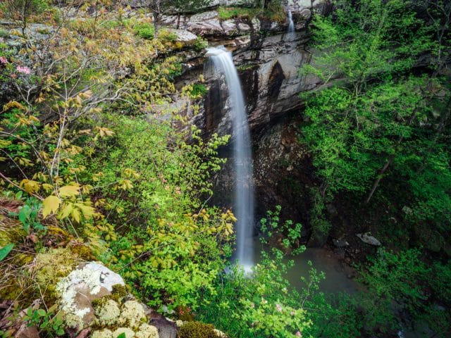 A view of Sweden Creek Falls from a cliffside on the upper trail.